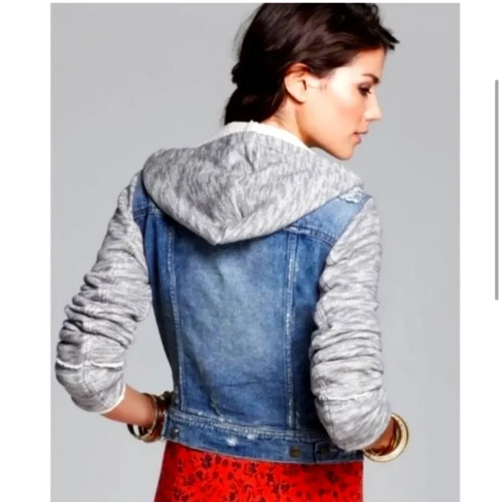Free People Blue Denim Jacket with Gray Hood